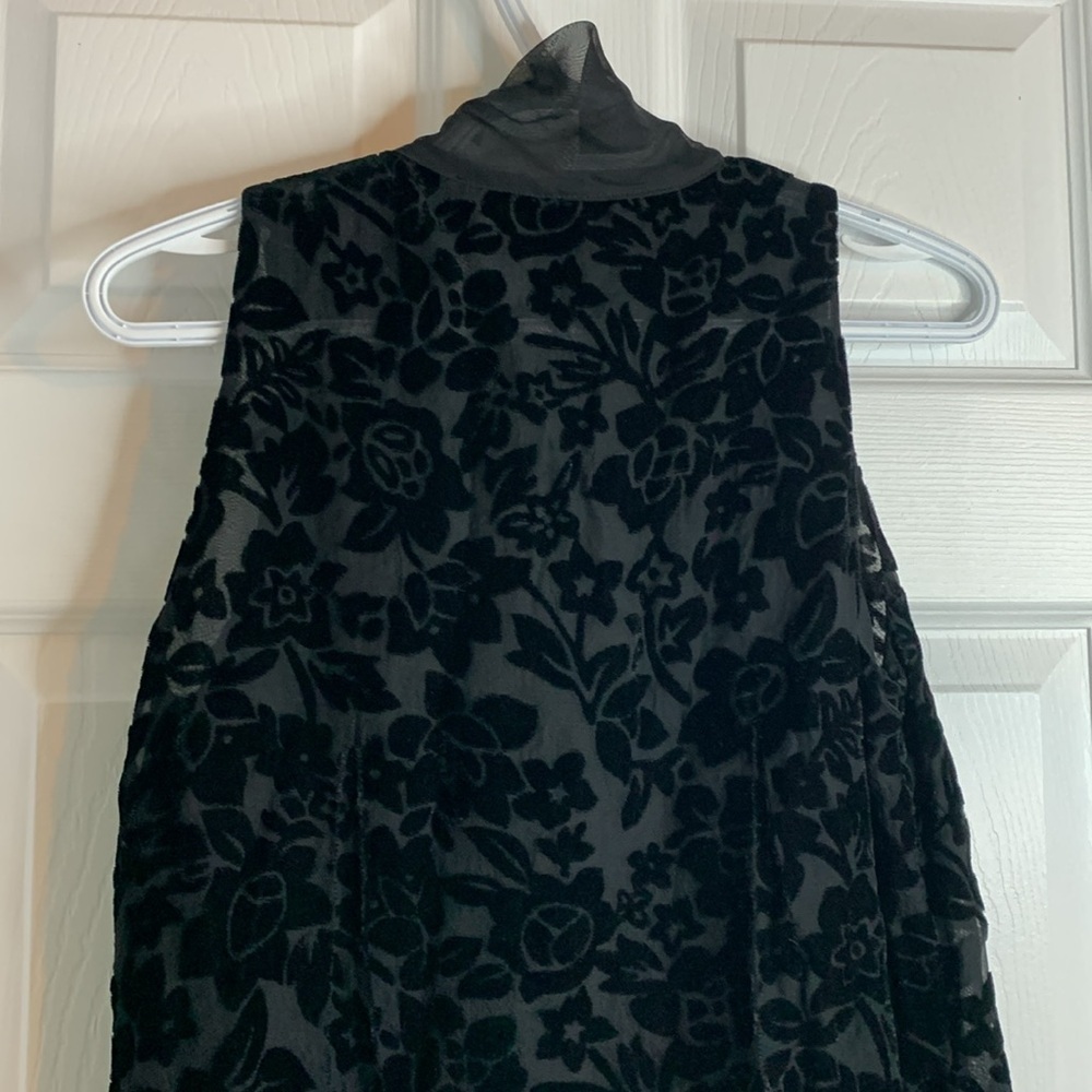 Black Velvet Burnout Floral Blouse Semi Sheer Sleeveless Collared Neck Bow Party - Picture 8 of 13